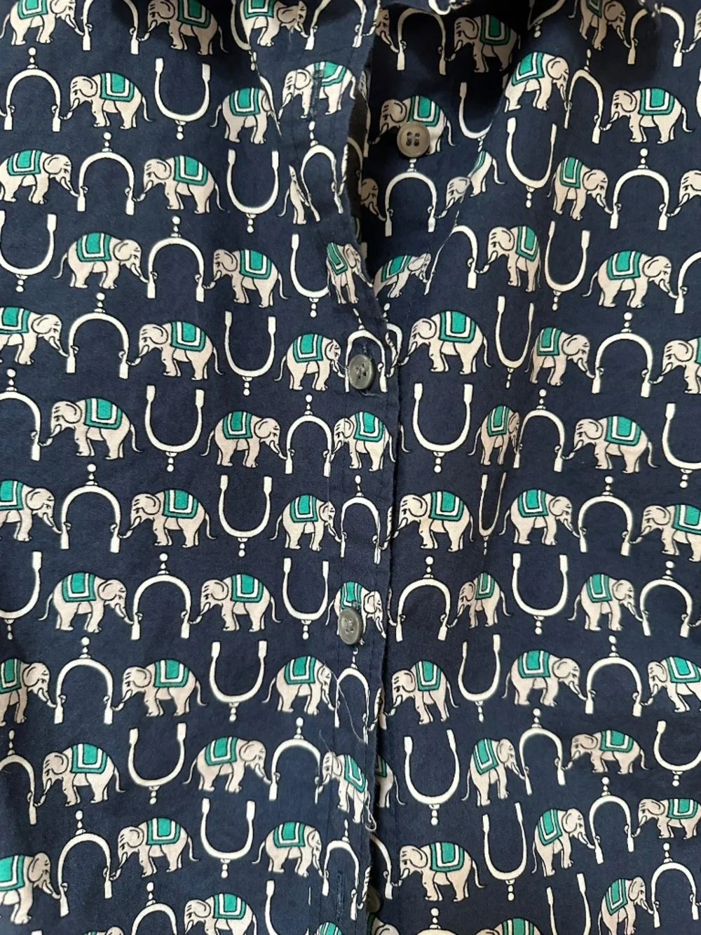 J. Crew Perfect Button Down Cotton Blouse Blue Teal White Elephants Print Small